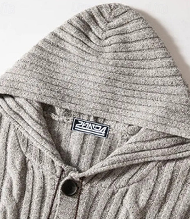 Men's Grey Hooded Cable Knit Sweater Cardigan Button Front