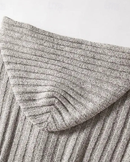 Men's Grey Hooded Cable Knit Sweater Cardigan Button Front
