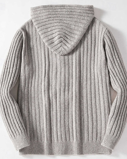 Men's Grey Hooded Cable Knit Sweater Cardigan Button Front