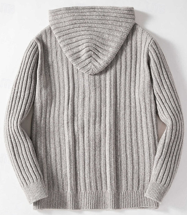 Men's Grey Hooded Cable Knit Sweater Cardigan Button Front