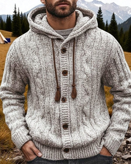 Men's Grey Hooded Cable Knit Sweater Cardigan Button Front
