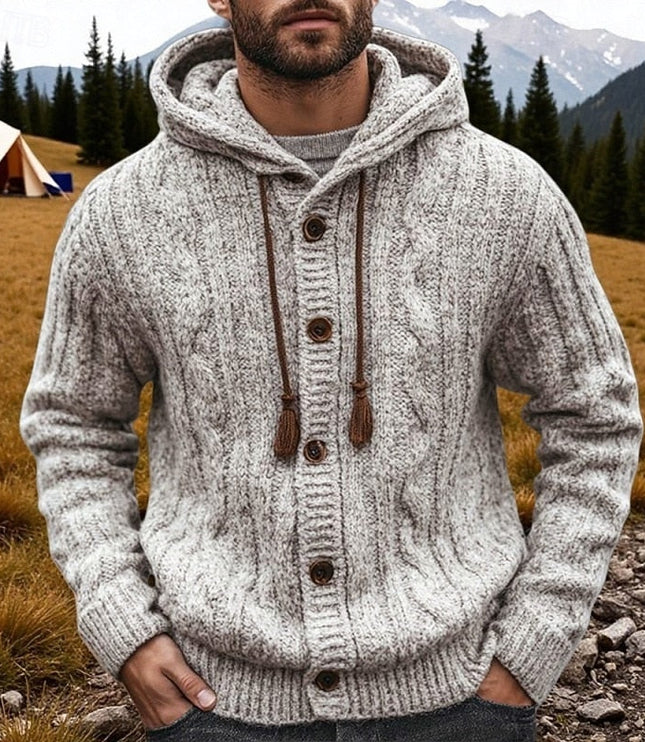 Men's Grey Hooded Cable Knit Sweater Cardigan Button Front