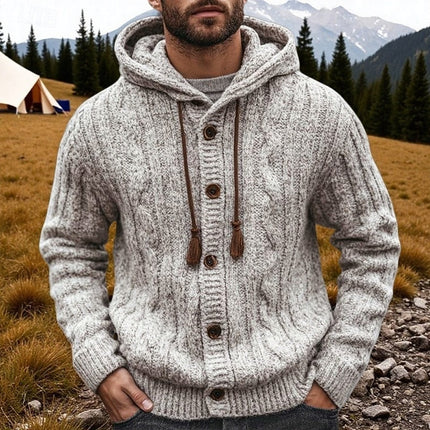 Men's Grey Hooded Cable Knit Sweater Cardigan Button Front