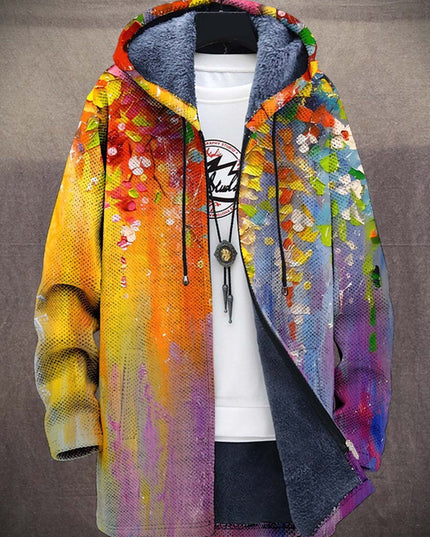 Men's Hooded Zip Up Cardigan, Fleece Lined Abstract Print