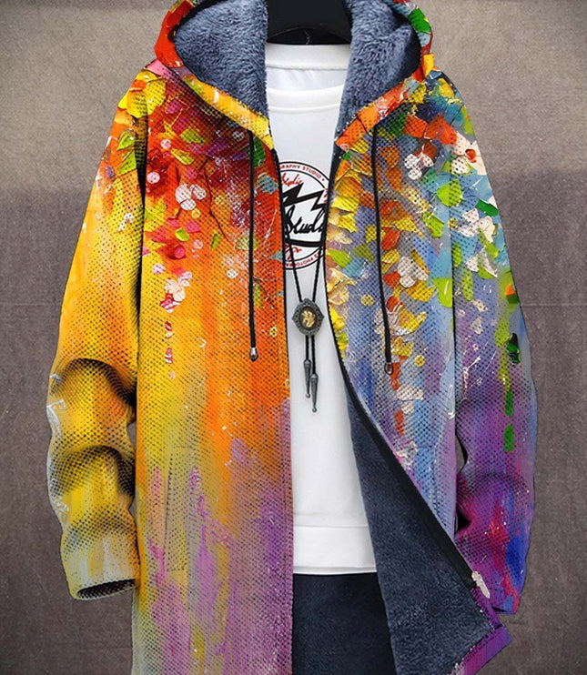 Men's Hooded Zip Up Cardigan, Fleece Lined Abstract Print
