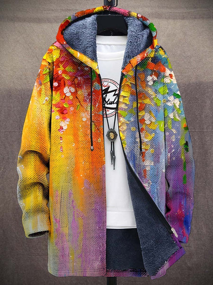 Men's Hooded Zip Up Cardigan, Fleece Lined Abstract Print