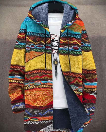 Men's Hooded Zip Up Cardigan, Fleece Lined Abstract Print
