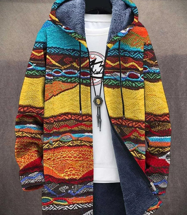 Men's Hooded Zip Up Cardigan, Fleece Lined Abstract Print