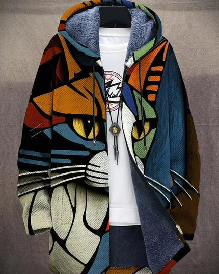 Men's Hooded Zip Up Cardigan, Fleece Lined Abstract Print
