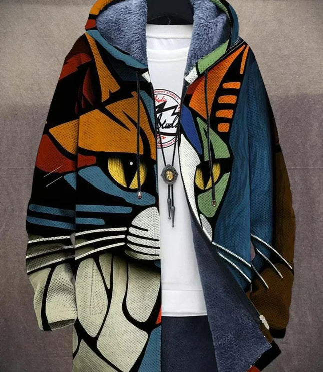 Men's Hooded Zip Up Cardigan, Fleece Lined Abstract Print