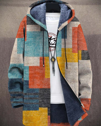 Men's Hooded Zip Up Cardigan, Fleece Lined Abstract Print