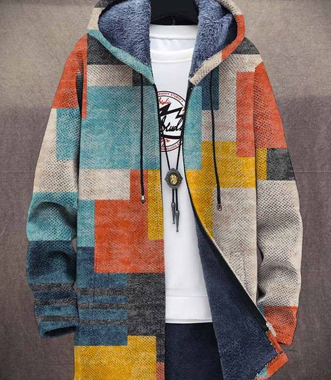 Men's Hooded Zip Up Cardigan, Fleece Lined Abstract Print