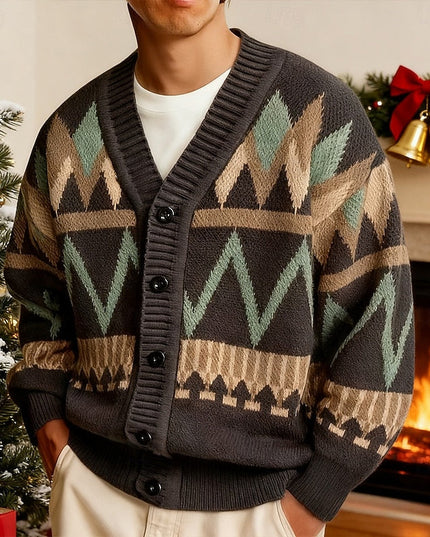 Men's Knit Cardigan Sweater with V Neck and Patterned Button Front