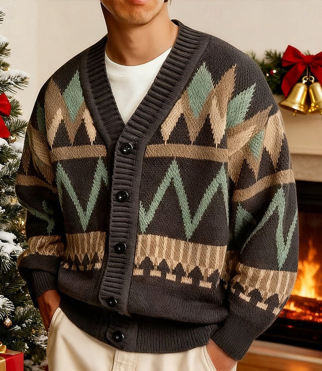 Men's Knit Cardigan Sweater with V Neck and Patterned Button Front