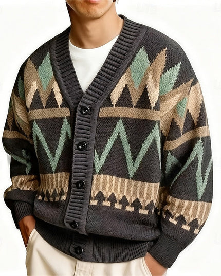Men's Knit Cardigan Sweater with V Neck and Patterned Button Front
