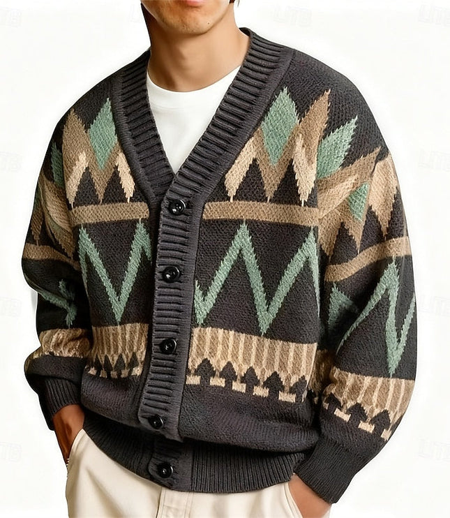 Men's Knit Cardigan Sweater with V Neck and Patterned Button Front