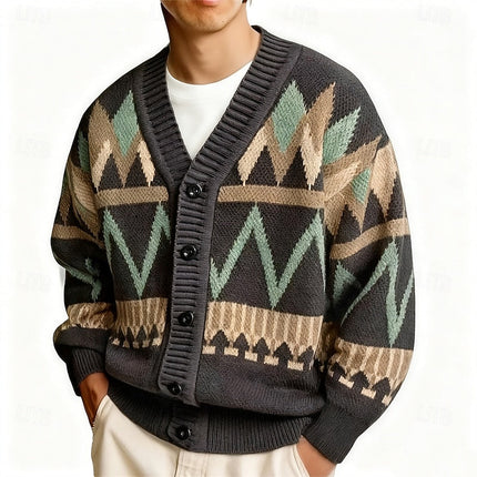 Men's Knit Cardigan Sweater with V Neck and Patterned Button Front