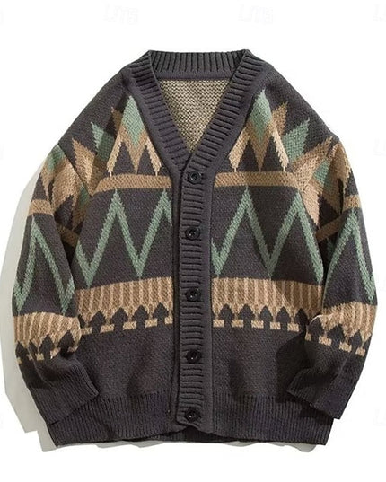 Men's Knit Cardigan Sweater with V Neck and Patterned Button Front