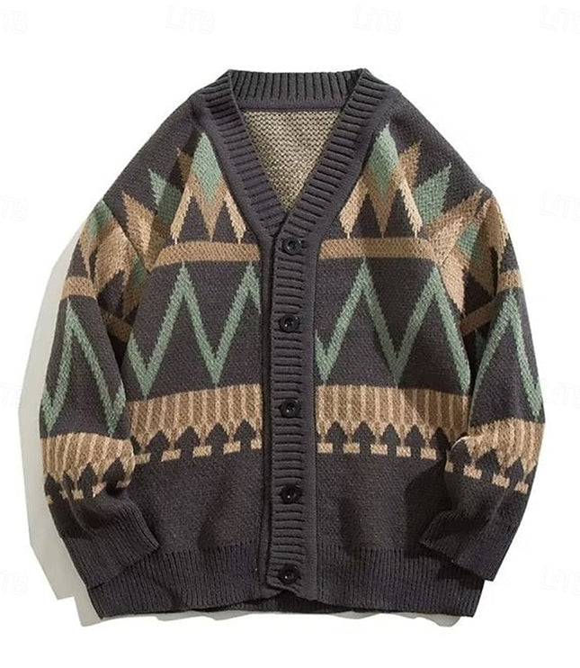 Men's Knit Cardigan Sweater with V Neck and Patterned Button Front