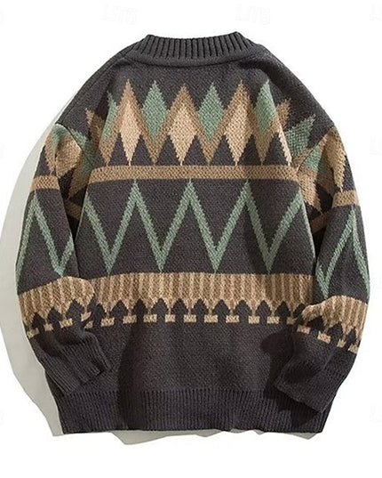 Men's Knit Cardigan Sweater with V Neck and Patterned Button Front