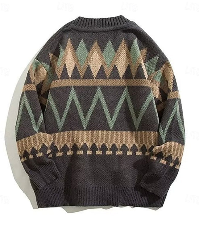 Men's Knit Cardigan Sweater with V Neck and Patterned Button Front