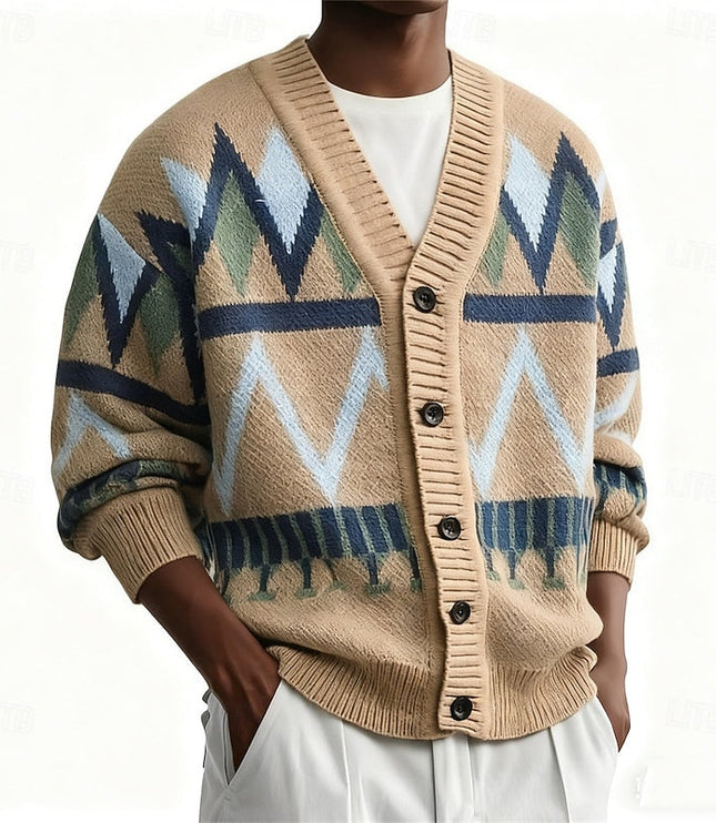 Men's Knit Cardigan Sweater with V Neck and Patterned Button Front