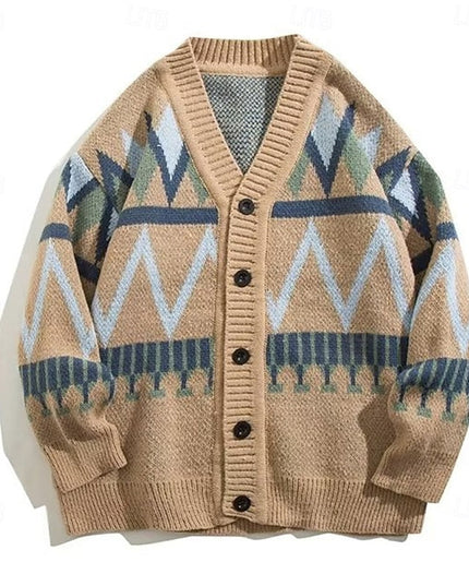 Men's Knit Cardigan Sweater with V Neck and Patterned Button Front