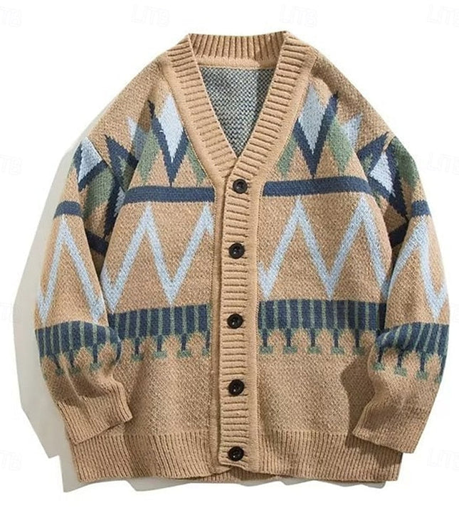 Men's Knit Cardigan Sweater with V Neck and Patterned Button Front