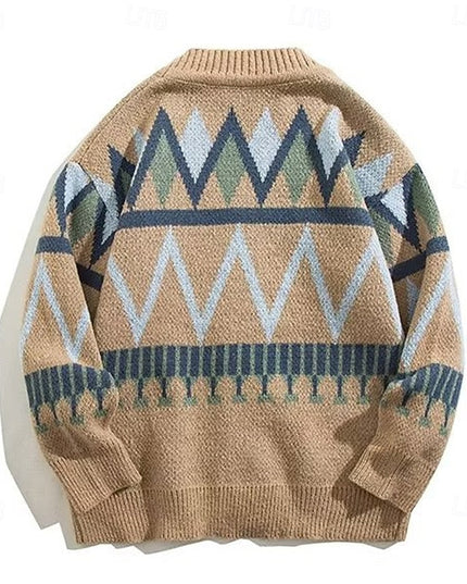 Men's Knit Cardigan Sweater with V Neck and Patterned Button Front