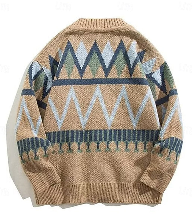 Men's Knit Cardigan Sweater with V Neck and Patterned Button Front