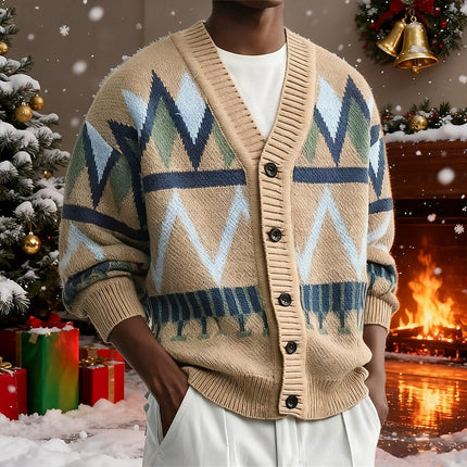 Men's Knit Cardigan Sweater with V Neck and Patterned Button Front