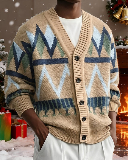 Men's Knit Cardigan Sweater with V Neck and Patterned Button Front