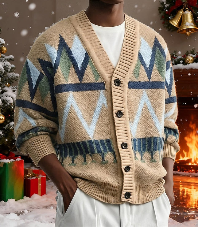 Men's Knit Cardigan Sweater with V Neck and Patterned Button Front
