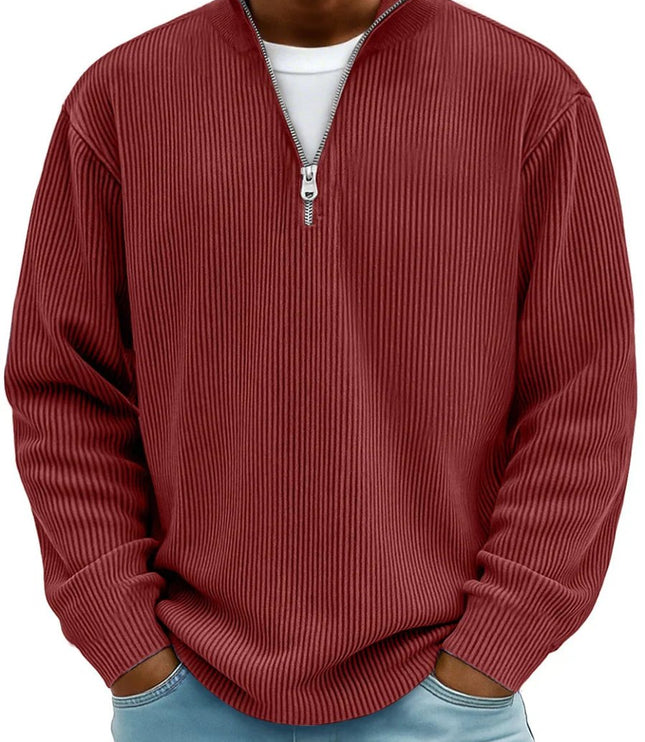 Men's Knit Pullover Sweater with Quarter Zip, Ribbed Relaxed Fit