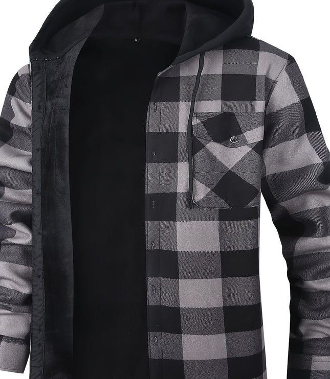 Men's Lined Fall Shacket Hooded Plaid Shirt Jacket