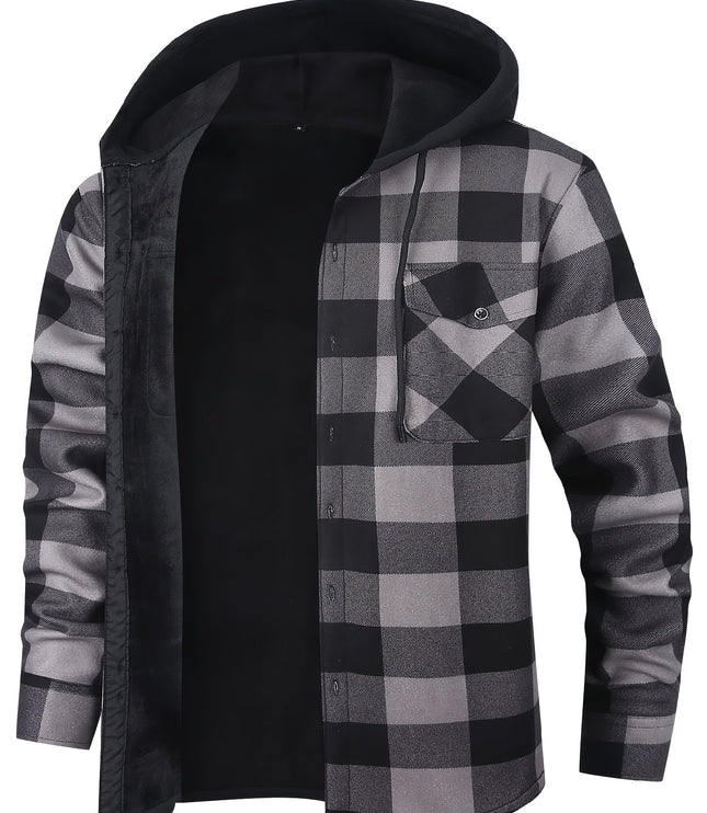 Men's Lined Fall Shacket Hooded Plaid Shirt Jacket