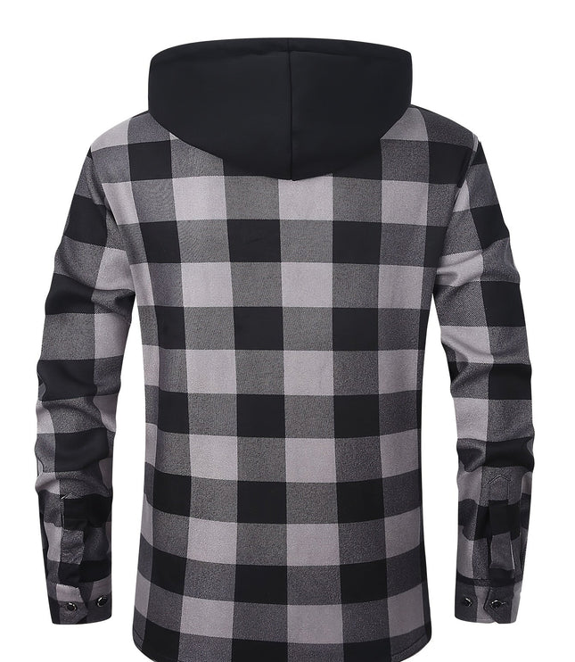Men's Lined Fall Shacket Hooded Plaid Shirt Jacket