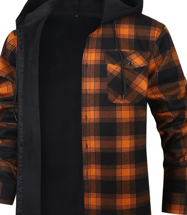 Men's Lined Fall Shacket Hooded Plaid Shirt Jacket