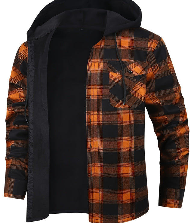 Men's Lined Fall Shacket Hooded Plaid Shirt Jacket