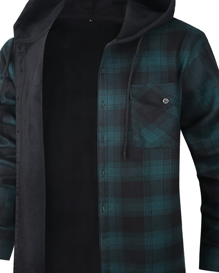 Men's Lined Fall Shacket Hooded Plaid Shirt Jacket