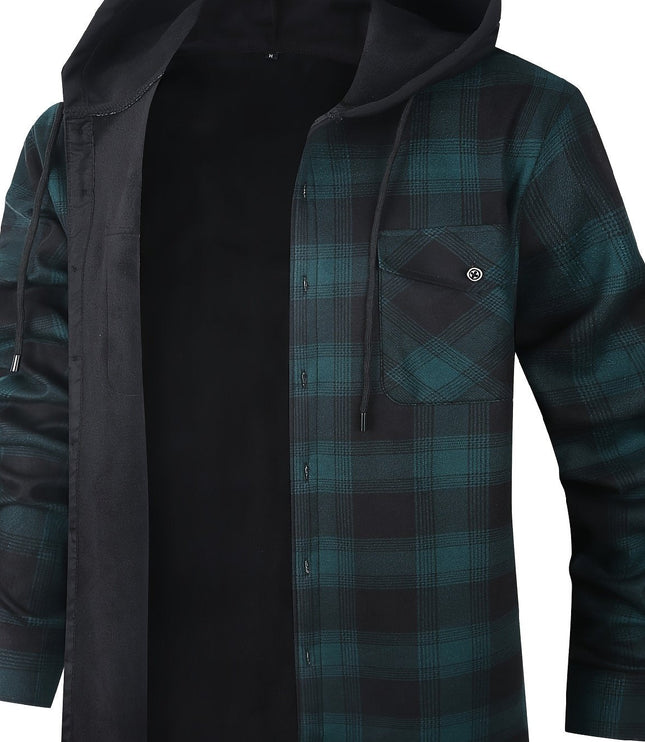 Men's Lined Fall Shacket Hooded Plaid Shirt Jacket
