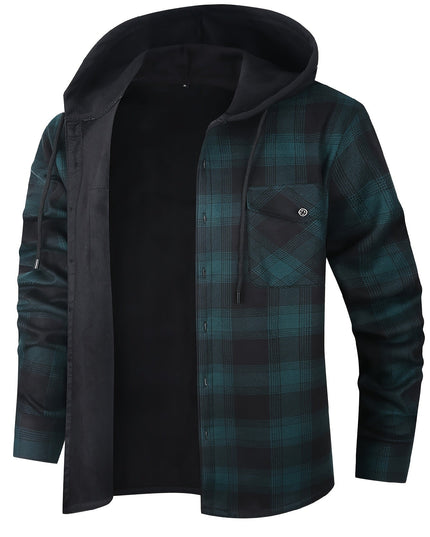 Men's Lined Fall Shacket Hooded Plaid Shirt Jacket