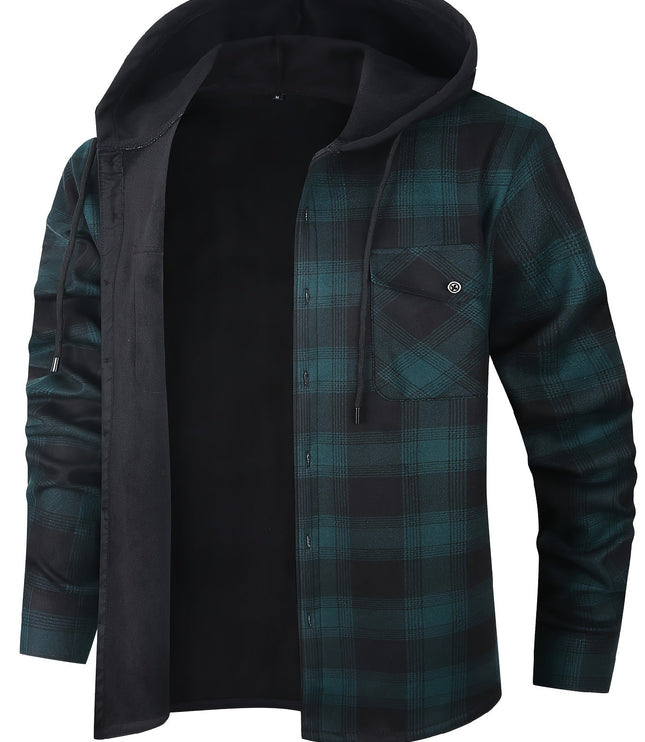 Men's Lined Fall Shacket Hooded Plaid Shirt Jacket