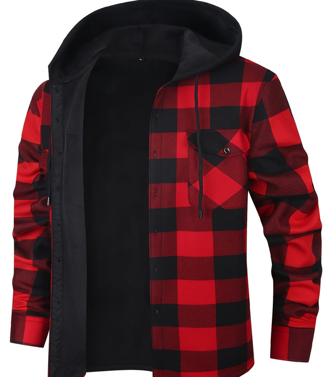 Men's Lined Fall Shacket Hooded Plaid Shirt Jacket