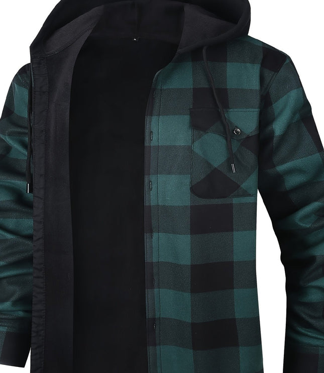 Men's Lined Fall Shacket Hooded Plaid Shirt Jacket