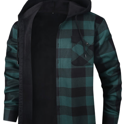 Men's Lined Fall Shacket Hooded Plaid Shirt Jacket