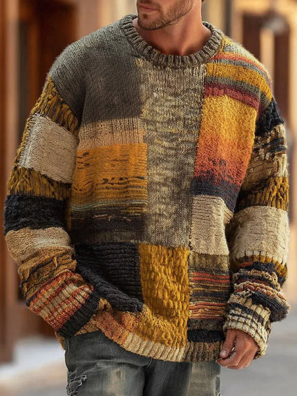 Men's Long Sleeve Colorblock Patchwork Crewneck Knit Sweater