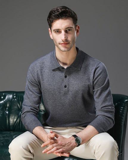Men's Long Sleeve Polo Collar Knit Sweater in Cashmere