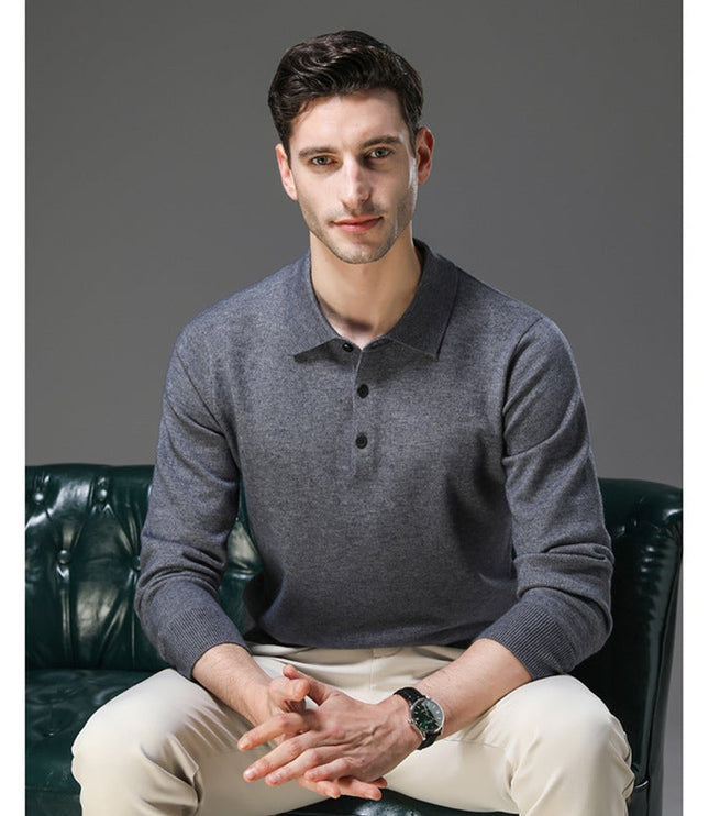 Men's Long Sleeve Polo Collar Knit Sweater in Cashmere