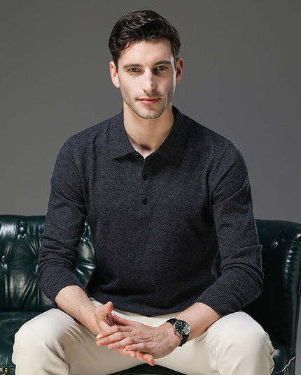 Men's Long Sleeve Polo Collar Knit Sweater in Cashmere